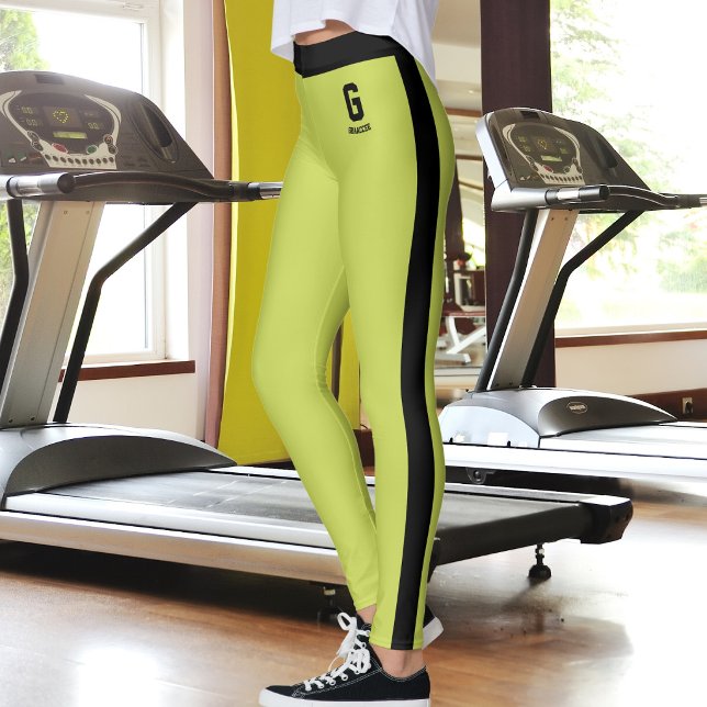 Customised Name Apple Green Black Stripes Monogram Leggings (Creator Uploaded)