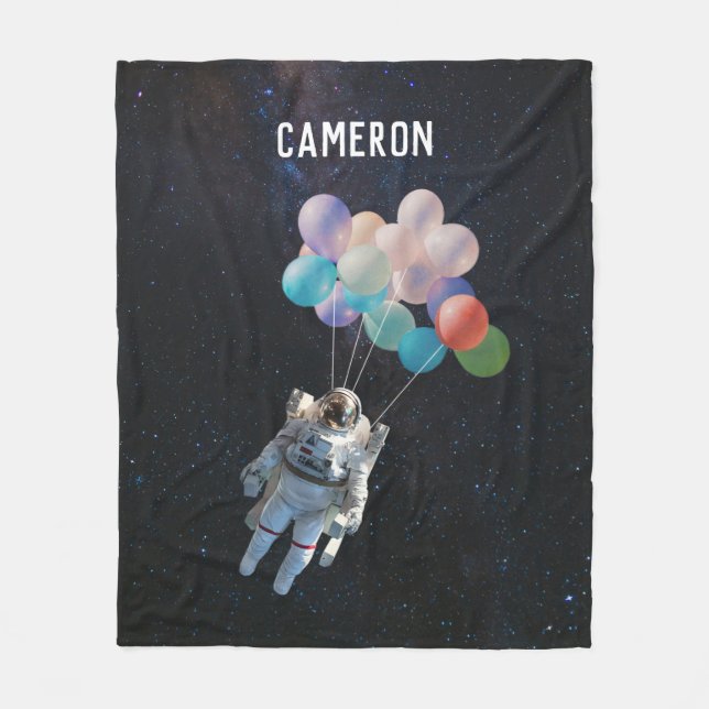 Customised Name Astronaut Stars & Space Balloons Fleece Blanket (Front)