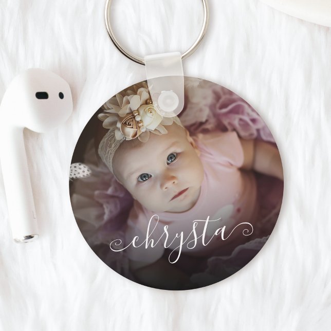 Customised Name Baby Photo Pretty Chic Script Key Ring (Creator Uploaded)