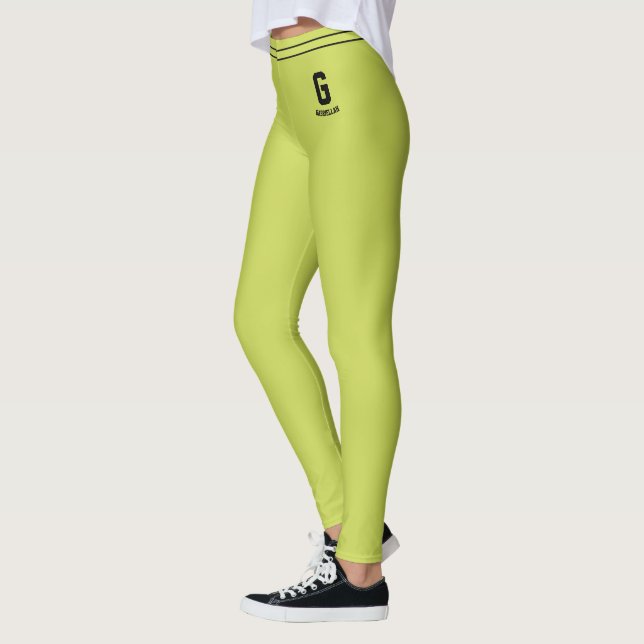 Customised Name Lime Green Black Striped Monogram Leggings (Left)