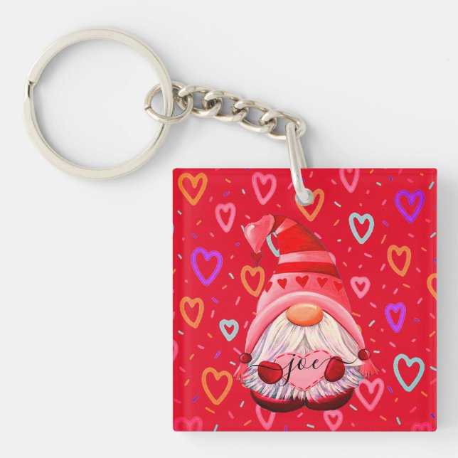 Customised Name LOVE Hearts Gnome Valentine Gift K Key Ring (Front)