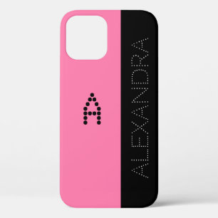 Customised Name & Monogram Chic Font Pink Black iPhone 12 Case