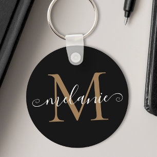 Customised Name Monogram Pretty Chic Script Black Key Ring