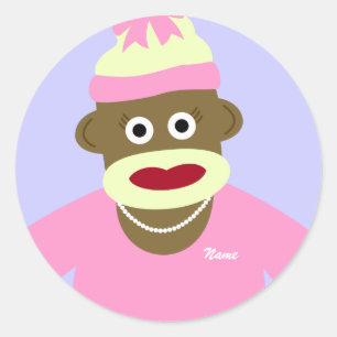 Customised Name or Monogram Sock Monkey Girl Classic Round Sticker
