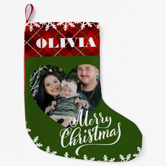 Customised Name Photo Merry Christmas Green Small Christmas Stocking (Front)