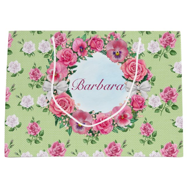 Customised Name Pink And White Roses Large Gift Bag (Front)