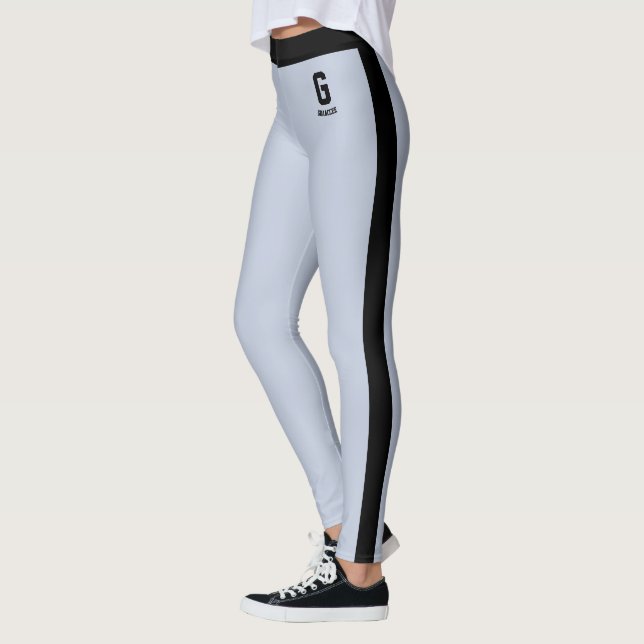 Customised Name Powder Blue Black Stripes Monogram Leggings (Left)