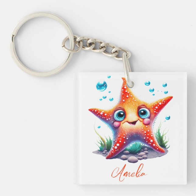 Customised Name Smiling Orange Starfish Lover Gift Key Ring (Front)