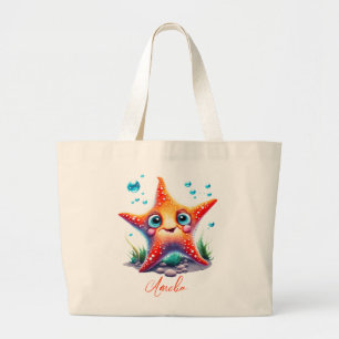 Customised Name Smiling Orange Starfish Lover Gift Large Tote Bag