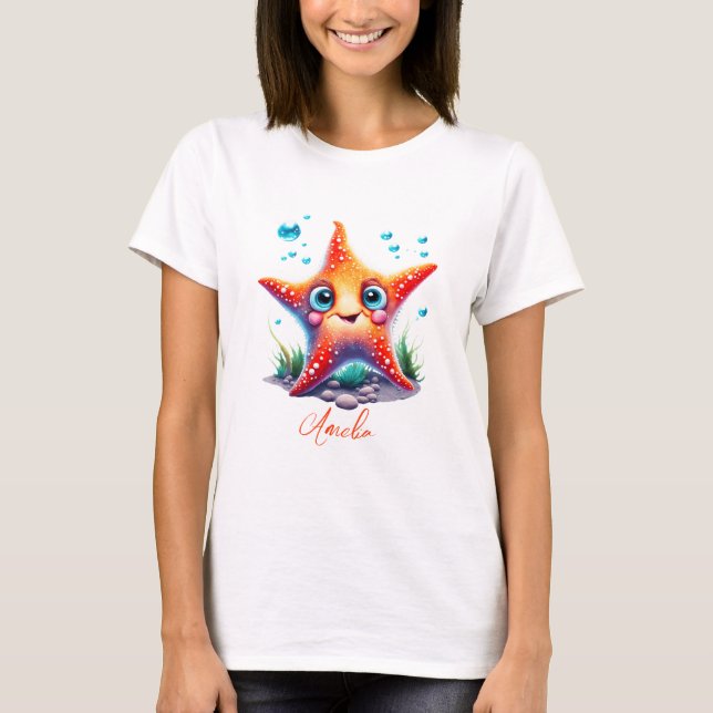 Customised Name Smiling Orange Starfish Lover Gift T-Shirt (Front)