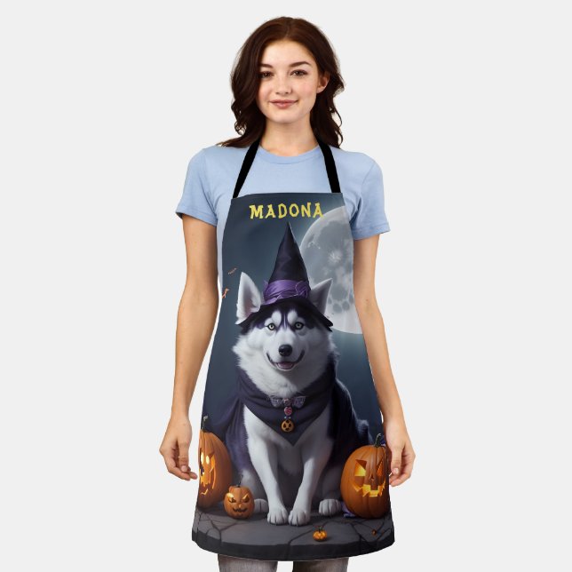 customised Name Spooky Husky Dog Halloween Apron (Worn)