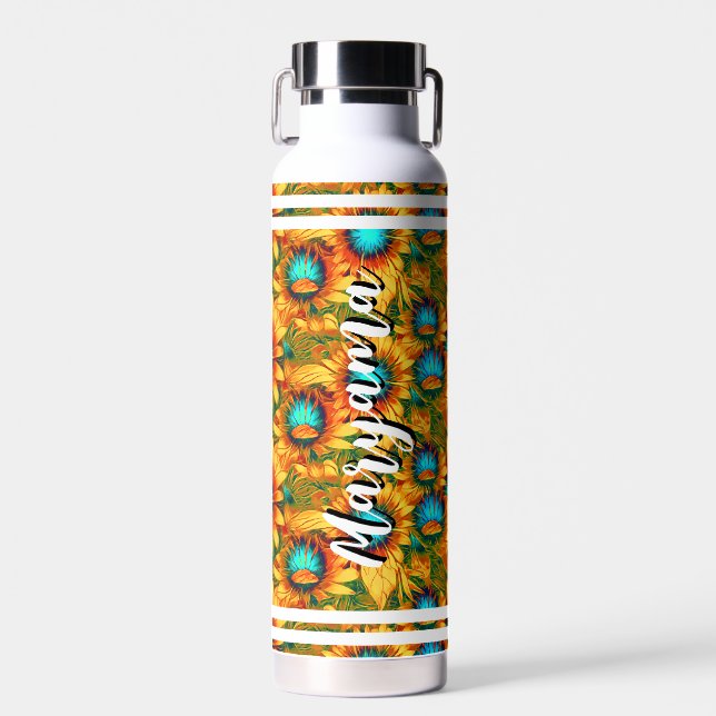Customised Name (Spring Sunflowers) Floral Water Bottle (Front)
