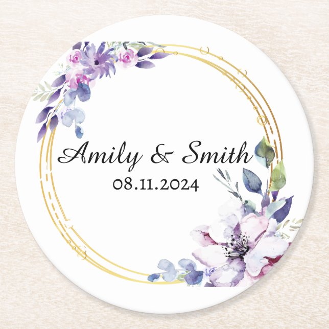 Customised Name Stylish Modern Elegant Wedding . Round Paper Coaster (Front)