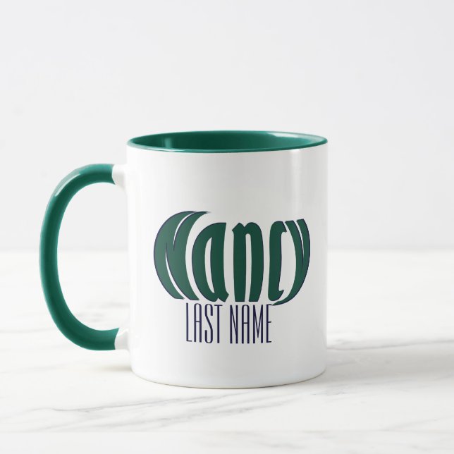 Customised "Nancy" Art, Hunter Green and Navy Blue Mug (Left)