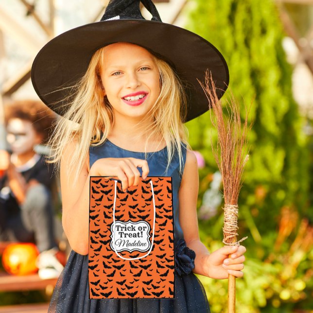 Customised Orange and Black Halloween Bats Medium Gift Bag (Trick or treat bags with cute black bats on orange background are personalized with someone's name!)