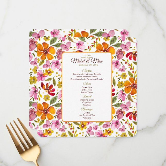 Customised Party Menu Pink Orange Red Floral (Front/Back In Situ)