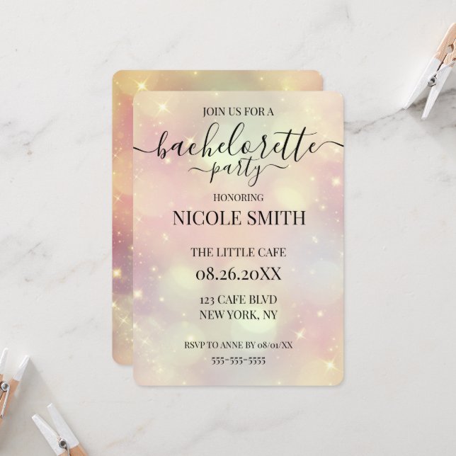 Customised Peach Sparkle Bokeh Bachelorette Party Invitation (Front/Back In Situ)
