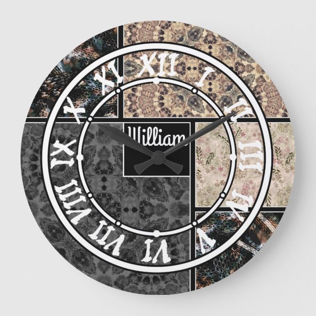 Customised personalised ornamental patches squares large clock (Front)