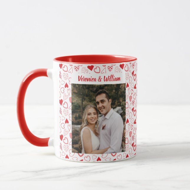 Customised photo and names heart patterned  mug (Left)
