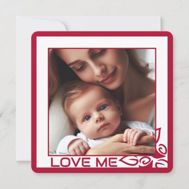 Customised Photo Red Floral Love Me Flat Card (Front)