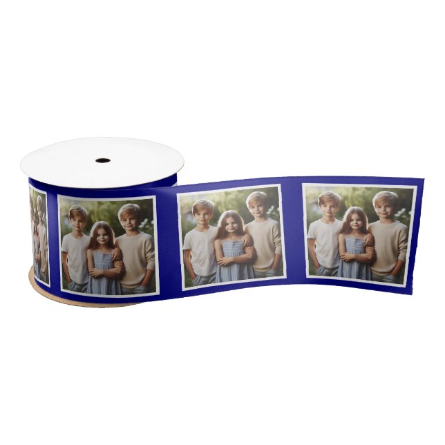 Customised Photo Ribbon White Navy Blue Kids Satin Ribbon (Spool)