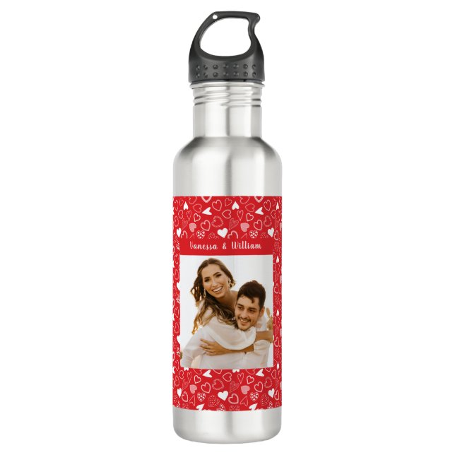 Customised photo romantic red heart patterned stai 710 ml water bottle (Front)