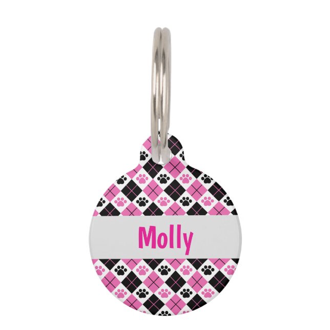 Customised Pink & Black Argyle Paw Print Pet Tag (Front)