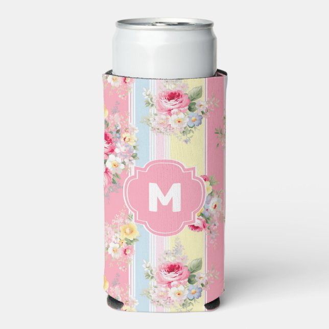 Customised Pink Floral Striped Seltzer Can Cooler (Seltzer Front)