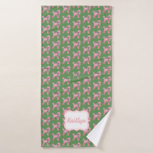 Customised Pink Poodle on Green  Bath Towel