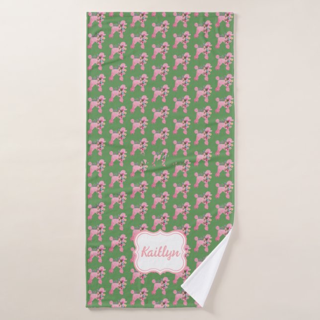 Customised Pink Poodle on Green  Bath Towel (Bath Towel)