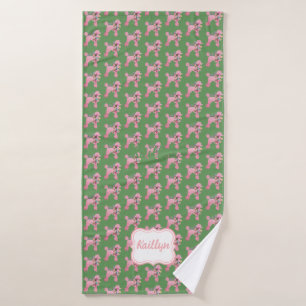 Customised Pink Poodle on Green  Bath Towel
