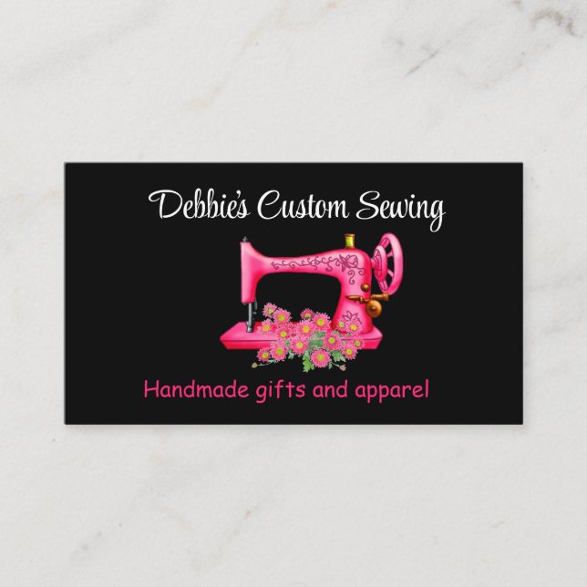 Customised Pink Sewing Machine on Black Business Card (Front)