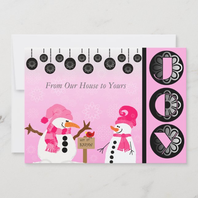 Customised Pink Snowman Joy Holiday Card (Front)
