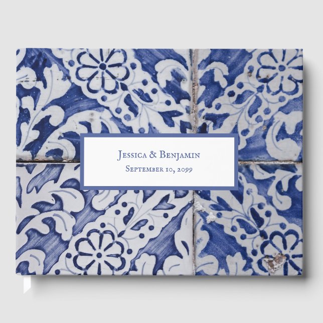 Customised Portuguese Tiles Azulejo Floral Wedding Guest Book (Front)