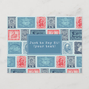 Customised Postal Stamps Vintage Blue Red Pattern Postcard