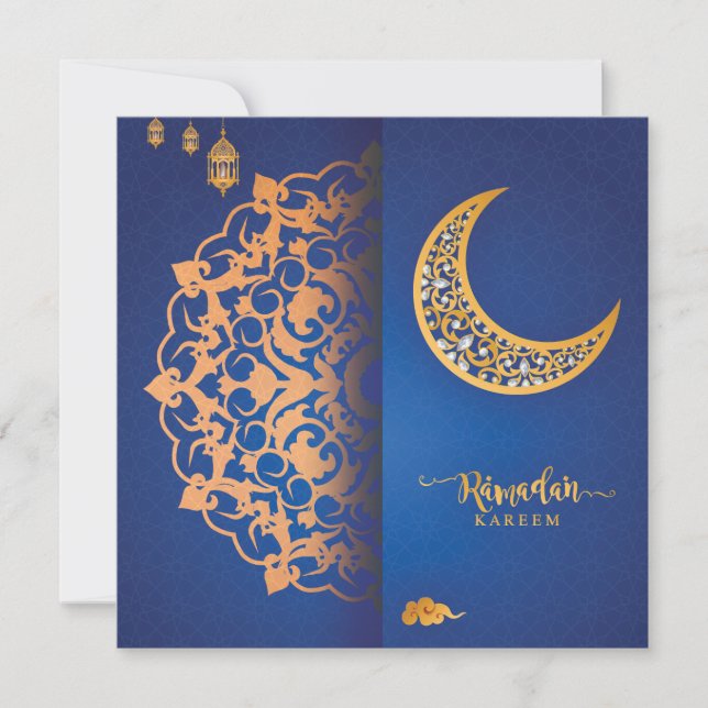 Customised Ramadan Kareem Mubarak Blue & Golden 4 Holiday Card (Front)