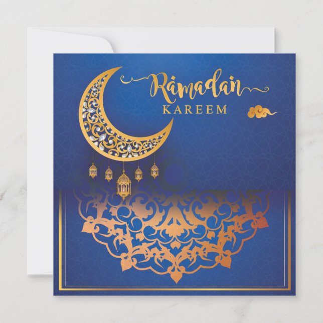 Customised Ramadan Kareem Mubarak Blue & Golden 5 Holiday Card (Front)