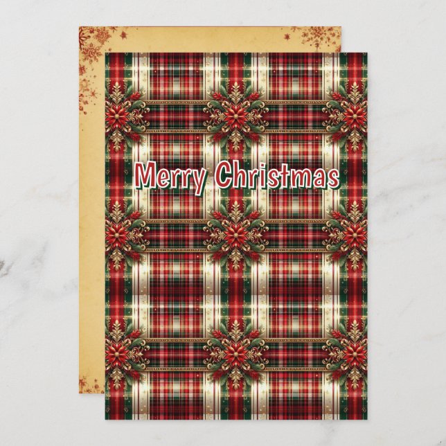 Customised Red Green Gold Festive Plaid  Holiday Card (Front/Back)