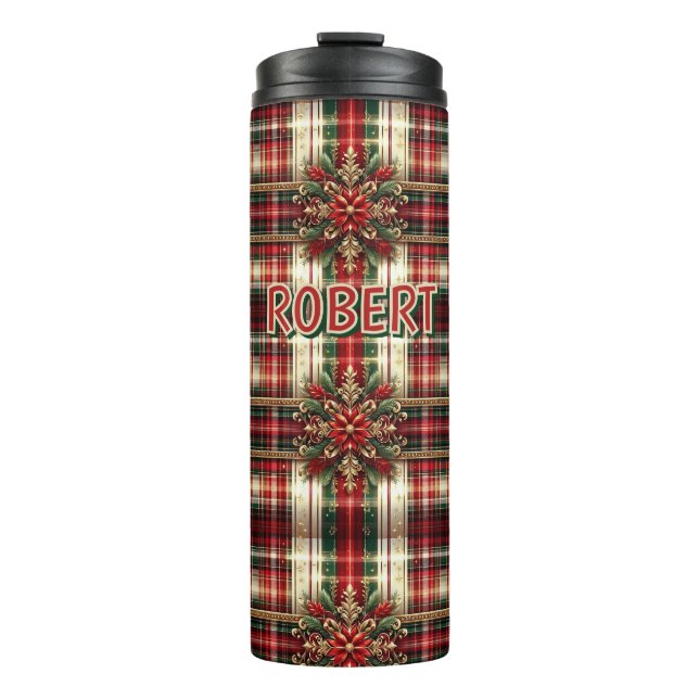Customised Red Green Gold Festive Plaid  Thermal Tumbler (Front)