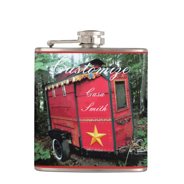 Customised Red Gypsy tiny caravan On caravan Hip Flask (Front)