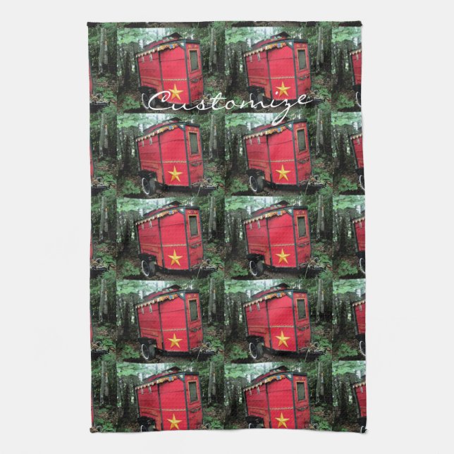 Customised Red Gypsy tiny caravan Tea Towel (Vertical)