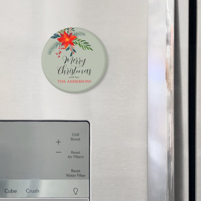 Customised Red Poinsettia Merry Christmas Magnet (In Situ (Fridge))