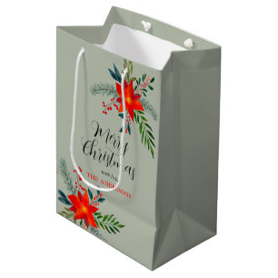 Customised Red Poinsettia Merry Christmas Medium Gift Bag