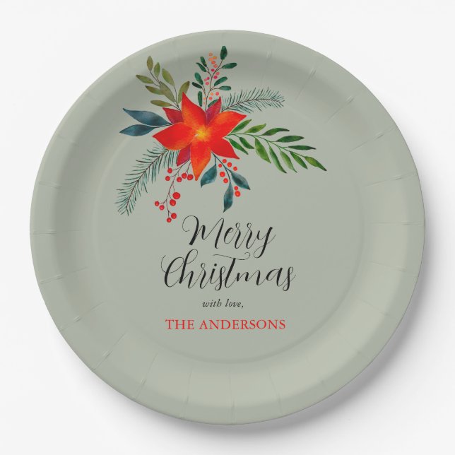 Customised Red Poinsettia Merry Christmas Paper Plate (Front)