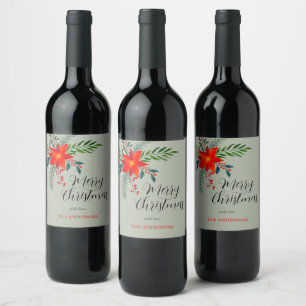 Customised Red Poinsettia Merry Christmas Wine Label