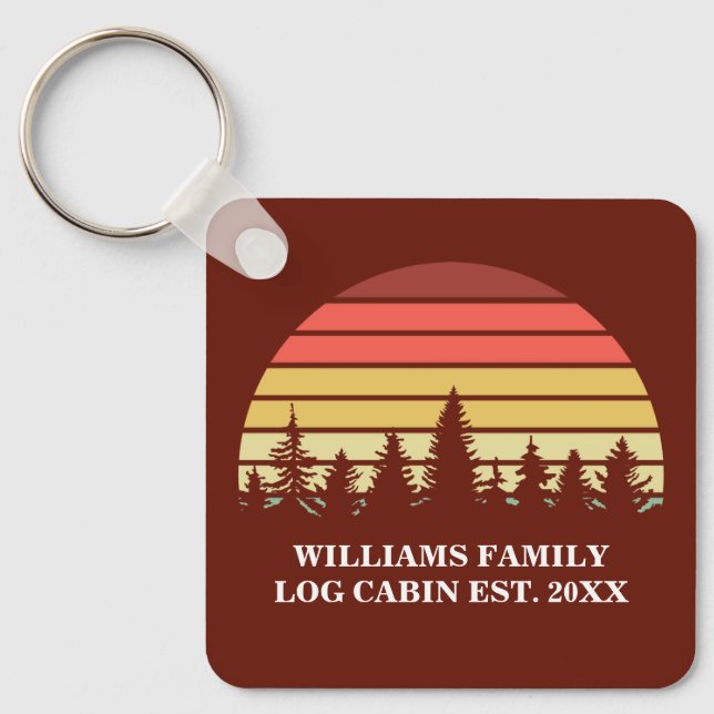 Customised Red Sunset Log Cabin Lake House Key Ring (Front)