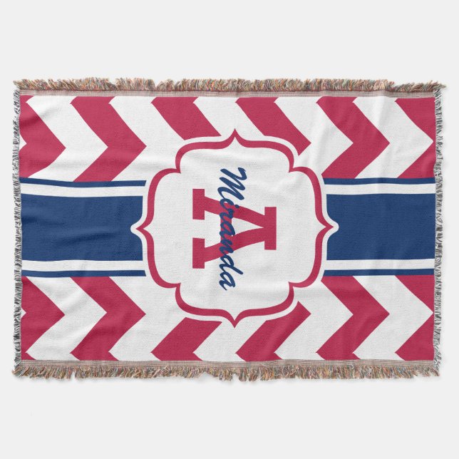 Customised Red White Blue Chevron Print Throw Blanket (Front)