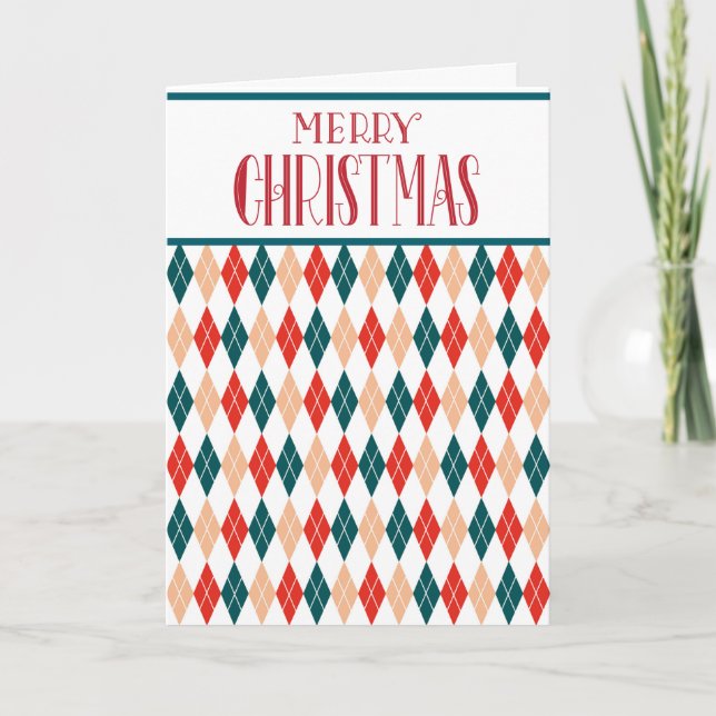 Customised Retro Christmas Red Teal Diamond Plaid Holiday Card (Front)