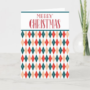 Customised Retro Christmas Red Teal Diamond Plaid Holiday Card