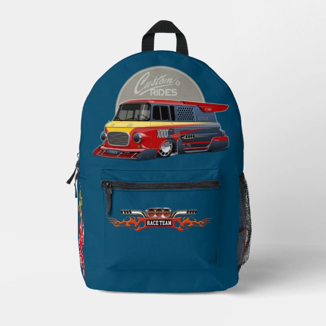 Customised retro race van concept printed backpack (Front)